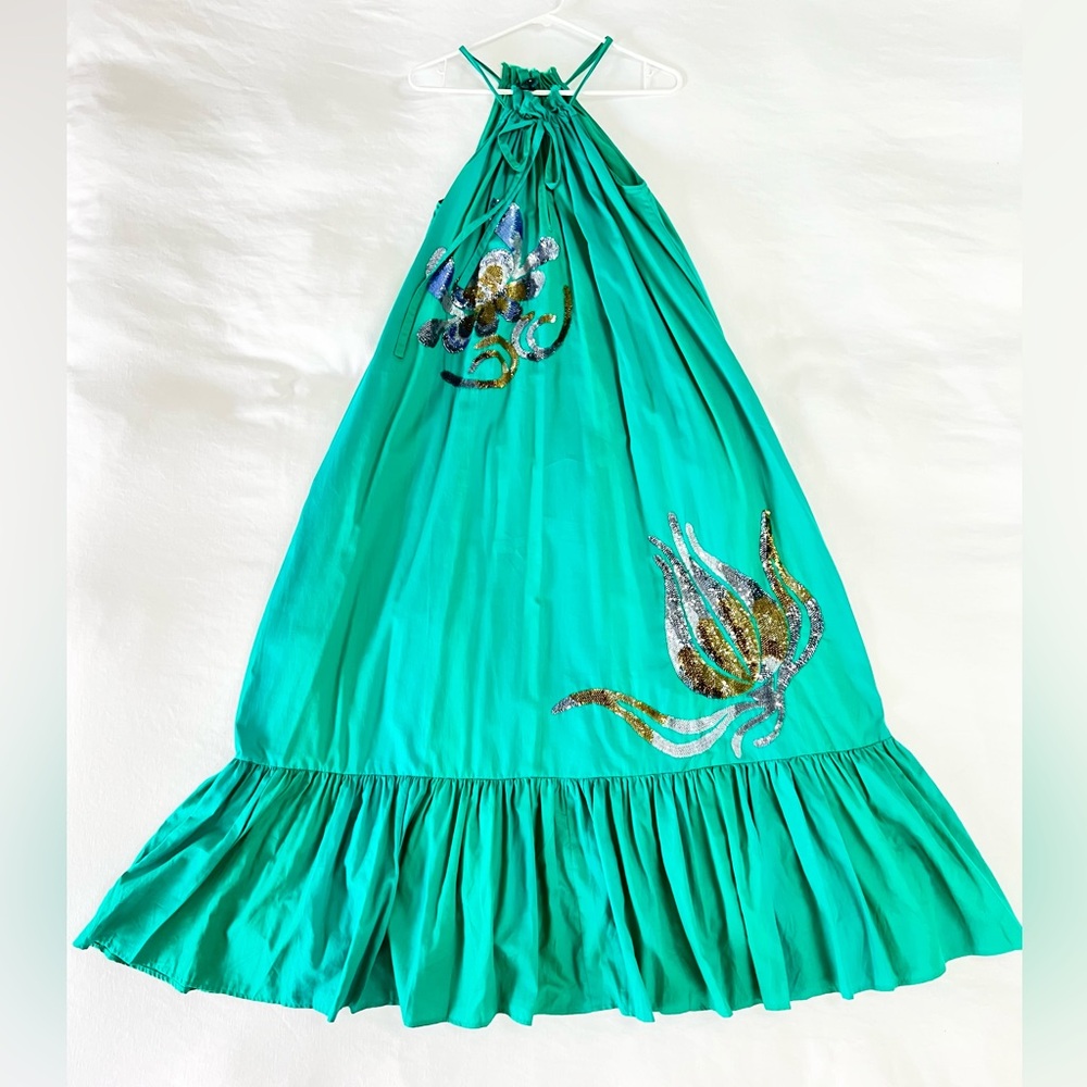 Cynthia Rowley Teal Green Halter Maxi Dress with Sequin Floral Appliqués